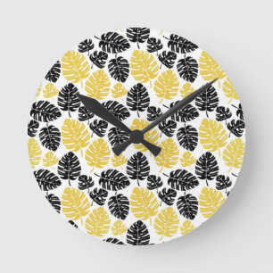 Horloge Ronde Tropical leaves en or et noir