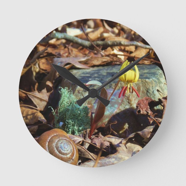 Horloge Ronde Truite jaune et prune Lily et Coquille d'escargot (Recto)