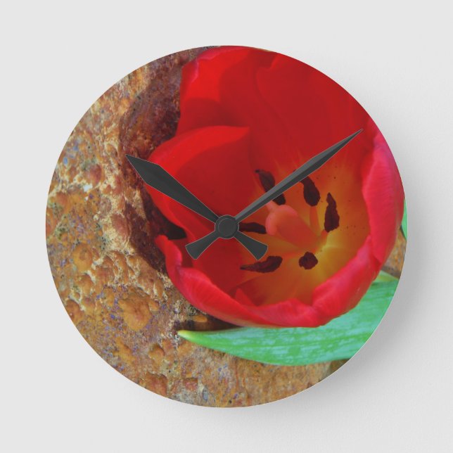 Horloge Ronde Tulipe jaune printemps et rouge (Recto)