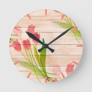 Horloge Ronde Tulipes rouges sur Arrière - plan de bois propre