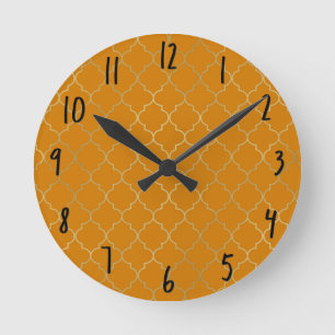 Horloge Ronde Turmeric Jaune & Gold Quatrefoil Motif