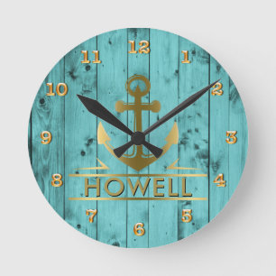 Horloge Ronde Turquoise Barn Wood Teal Woodgrain Nautical