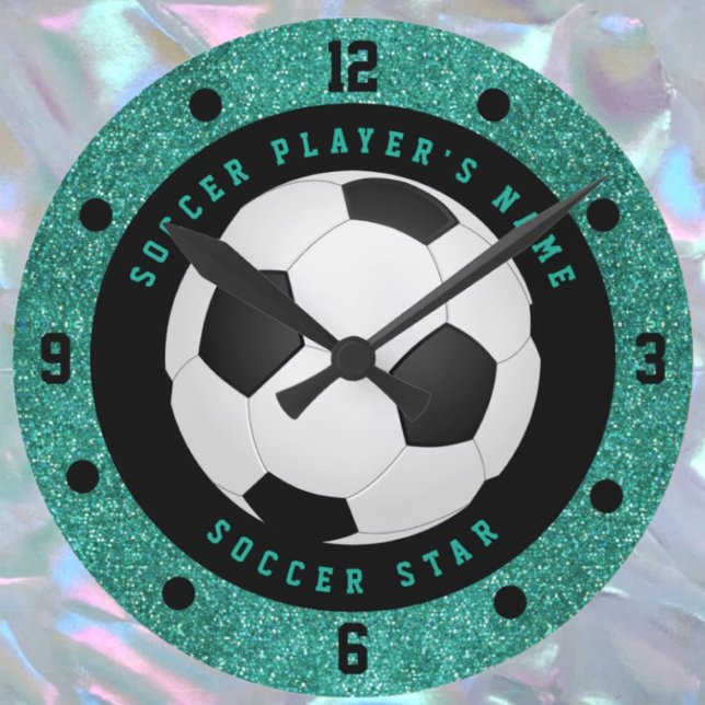 Horloge Ronde Turquoise Faux Parties scintillant Garçons Footbal (Créateur téléchargé)