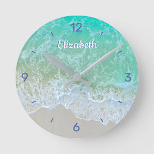 Horloge Ronde Turquoise Ocean Wave, DIY Nom ou monogram, Blue