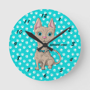 Horloge Ronde Turquoise Paw Print Sphynx Cat Wall Clock