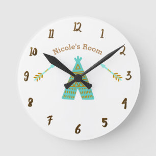 Horloge Ronde Turquoise Teal et rustique de tepee d'or