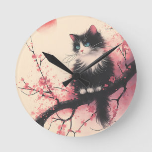 Horloge Ronde Tuxedo Chat sur la fleur de cerise esthétique japo