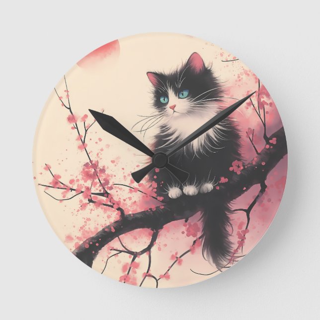 Horloge Ronde Tuxedo Chat sur la fleur de cerise esthétique japo (Recto)