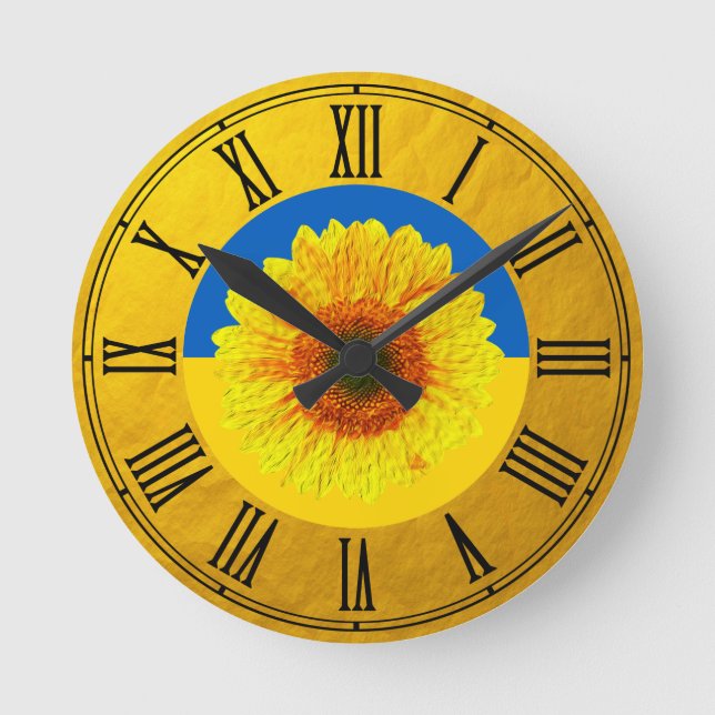 Horloge Ronde Ukraine Tournesol & drapeau ukrainien / Fleur (Recto)
