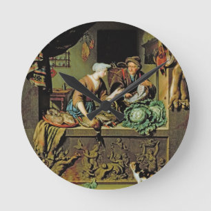 Horloge Ronde Une femme et un marchand ambulant de poissons,