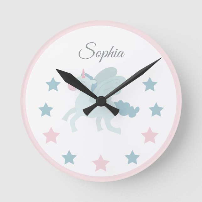 Horloge Ronde Unicorn Custom Name Cute Pink Blue  (Recto)