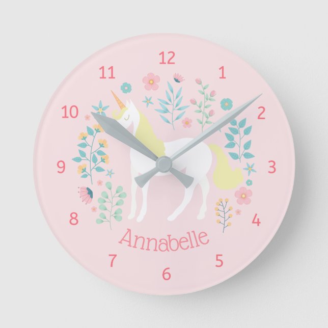 Horloge Ronde Unicorn & Flowers Pink Nom personnalisé (Recto)