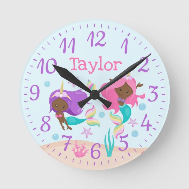 Horloge Ronde Unicorn Mermaids Kids Nursery Dark Skin (Recto)