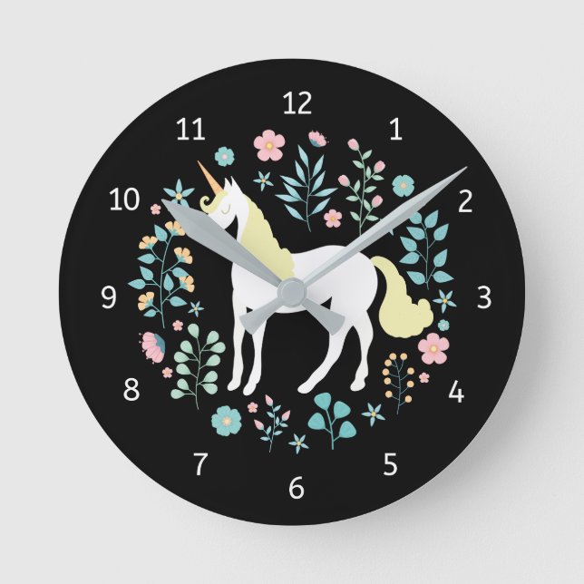 Horloge Ronde Unicorne lunaire & Fleurs noir (Recto)