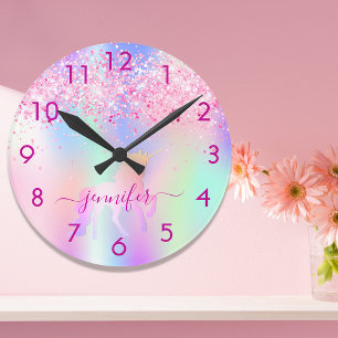 Horloge Ronde Unicorne parties scintillant rousse rose violet no