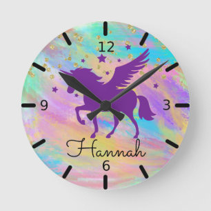 Horloge Ronde Unicorne violette de couleur dorée