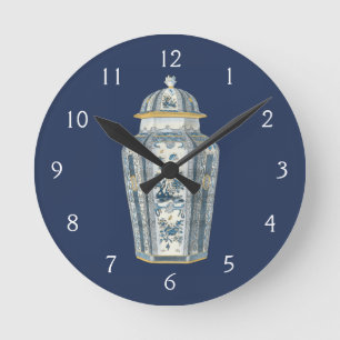 Horloge Ronde Urne asiatique décorative en bleu et blanc