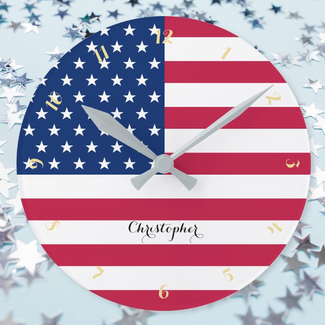 Horloge Ronde USA America Drapeau Patriotique Home Bureau Nom du (USA America Flag Patriotic Home Office Decor Name Round Clock)