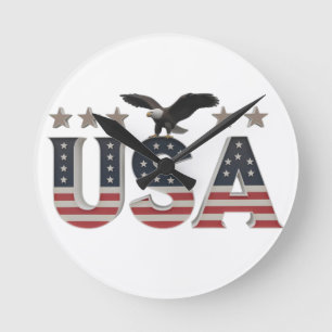 Horloge Ronde USA Patriotic Eagle + Stars Drapeau Design pour Fi