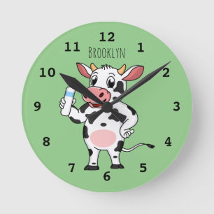 Horloge Ronde Vache heureuse avec biberon dessin animé
