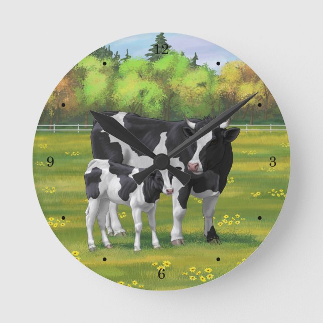 Horloge Ronde Vache Holstein et veau mignon en pâturage d'été (Recto)