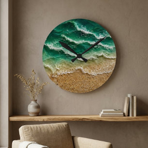 Horloge Ronde Vague verte Résine Vue sable de plage Océan côtier