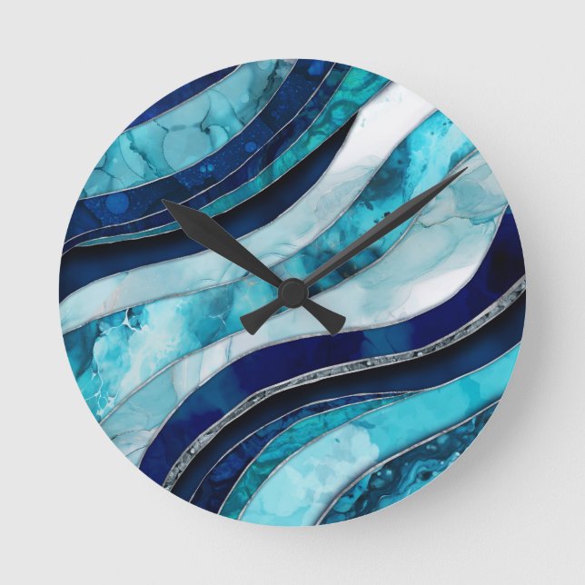 Horloge Ronde Vagues - Mixte Media Blue Abstrait (Recto)