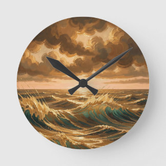 Horloge Ronde Vagues océaniques dorées dramatiques