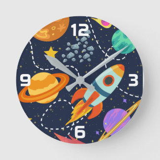 Horloge Ronde Vaisseau Fusée Espace Planètes Astronaute Nurserie