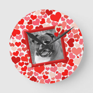 Horloge Ronde Valentines Boxer Chien Coeurs