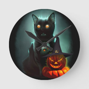 Horloge Ronde Vampire Chat et Assistant Citrouille Halloween Sur