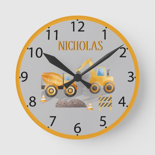 Horloge Ronde Véhicule De Construction Orange Excavateur Pour En (Recto)