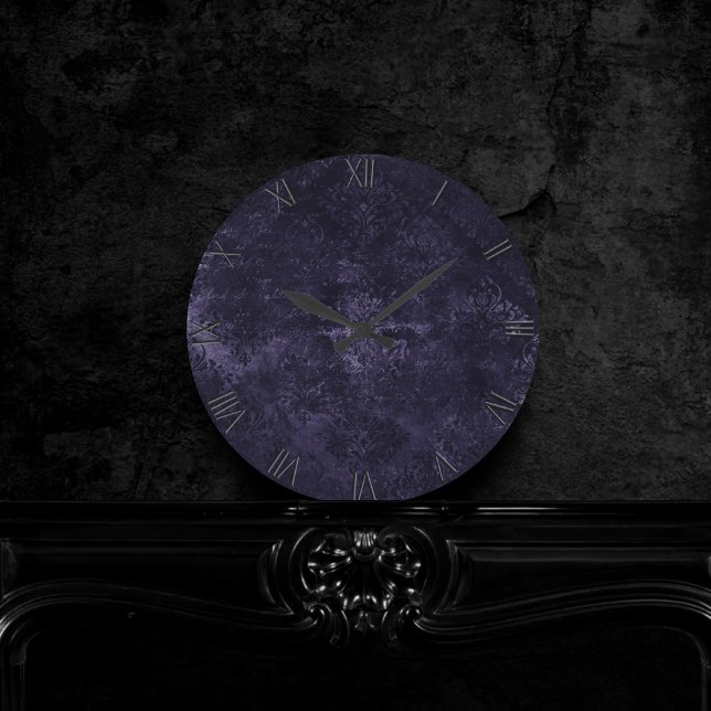 Horloge Ronde Velvety Midnight Damask | Indigo Purple Grunge (Créateur téléchargé)