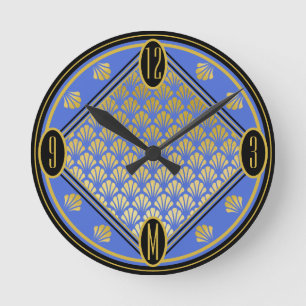 Horloge Ronde Ventilateur chic bleu et noir Art déco Motif Monog