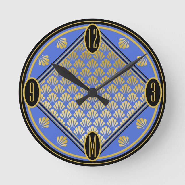 Horloge Ronde Ventilateur chic bleu et noir Art déco Motif Monog (Recto)