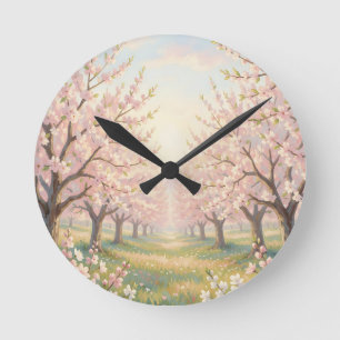 Horloge Ronde Verger de Cerisiers en Fleurs Rose Paysage Printan