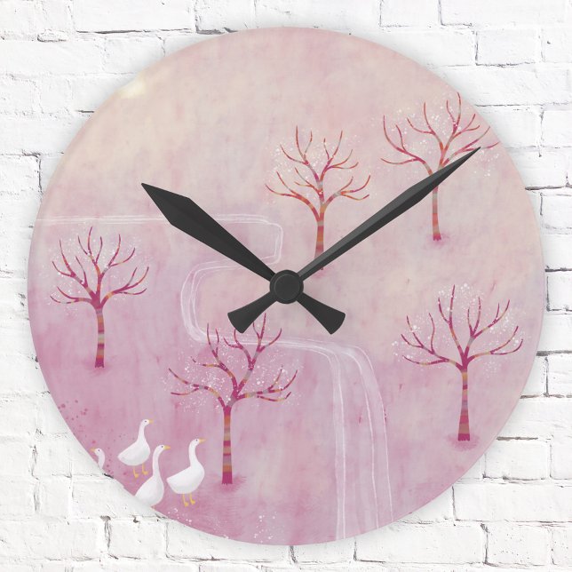 Horloge Ronde Verger rose avec peinture paysage d'oies (Pink landscape orchard with geese art clock)