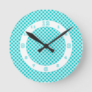 Horloge Ronde Vérifications monochromes Aqua