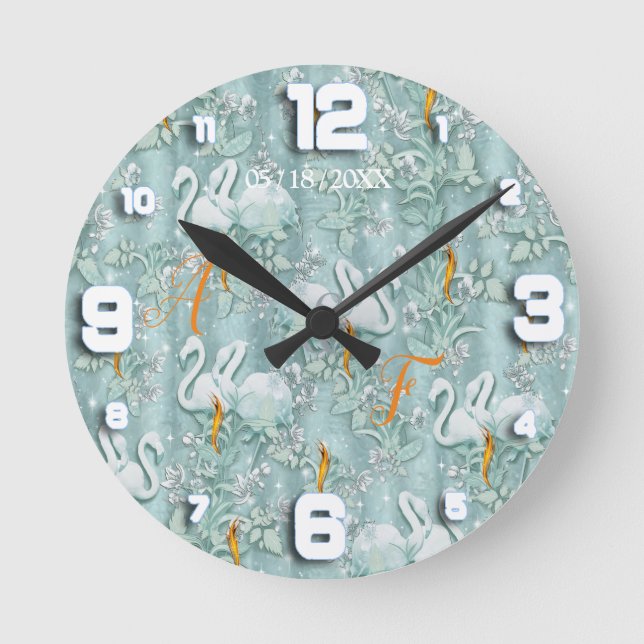 Horloge Ronde Verres de soie verte Sage & fleurs de flamants (Recto)