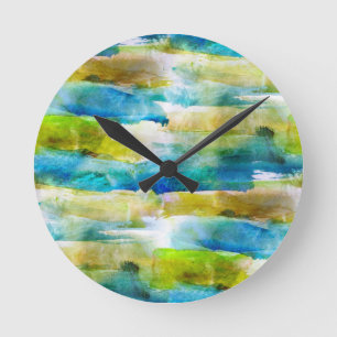 Horloge Ronde Vert abstrait d'aquarelle, bleu