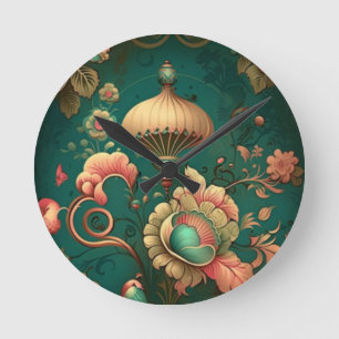 Horloge Ronde Vert floral design rétro vintage