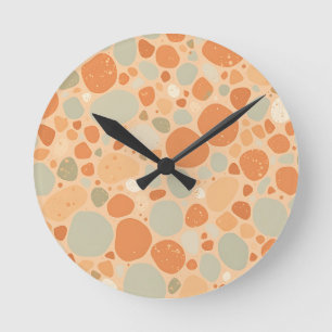 Horloge Ronde Vert Sauge Abricot Motif Galet Abstrait Organique 