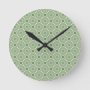 Horloge Ronde Vert sauge Blanc Motif Géométrique Sans Couture