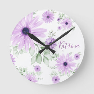 Horloge Ronde Vert violet personnalisé, fleurs d'aquarelle