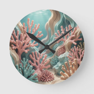 Horloge Ronde Vibrant récif corallien rose sarcelle sous l'océan