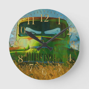 Horloge Ronde Vieux Camion de ferme verte et champ