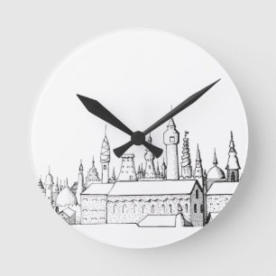 Horloge Ronde ville fabuleuse . artwork . noir et blanc
