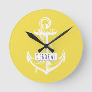 Horloge Ronde Vintage anchor and name yellow nautical