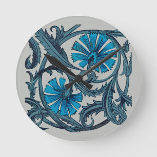 Horloge Ronde vintage bleu antique fleurs artisanat rustique