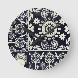 Horloge Ronde vintage bleu floral fleurs tissu art textile